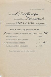 711351 Nota van in 1897 aan de heer C.J. Albrecht te Winterswijk geleverde periodieken van Kemink & Zoon, uitgevers ...